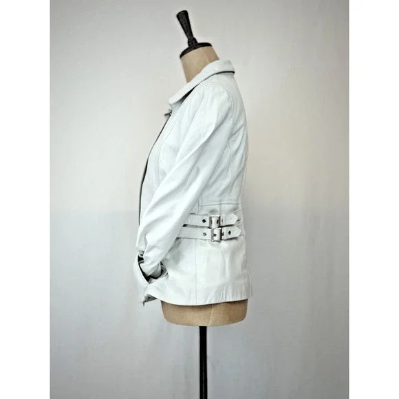 Premium Peruzzi White Leather Moto Jacket Womens Medium #1-0163 Italy - Picture 4 of 16